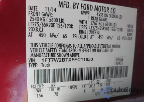 2015 Ford F-250 Lariat from USA, damaged, VIN 1FT7W2BTXFEC11833